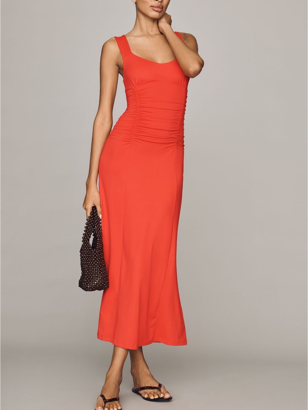 NWT Maeve Sleek Ruched Tank Midi Dress in Coral Red
